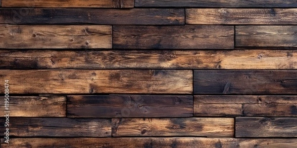 Fototapeta Authentic dark brown wooden wall with textured planks arranged horizontally showcasing natural wood grain and variations in hue.