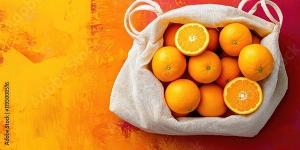 Fototapeta Burlap bag overflowing with fresh ripe oranges against a vibrant orange and yellow abstract background with bright colors and natural lighting