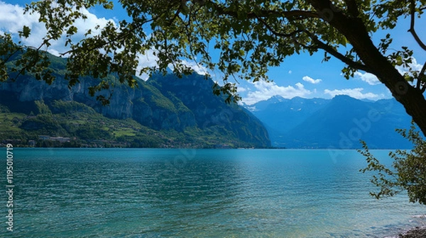 Fototapeta Calm Lake with Mountain View for Peaceful Nature and Scenic Themes