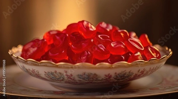 Fototapeta A vibrant bowl filled with red jelly candies, elegantly placed on a decorative plate, set against a softly lit background, perfect for a sweet treat display
