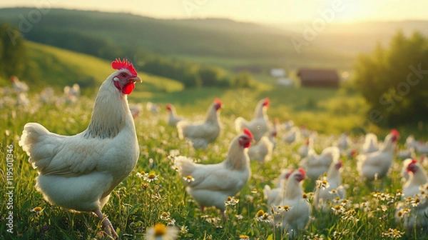 Fototapeta White Hen in a Field of Flowers for Farm and Rustic Nature Themes