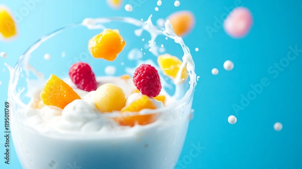 Fototapeta A refreshing fruit smoothie with splashes, showcasing colorful fruits like mango, raspberry, and melon against a vibrant blue background.