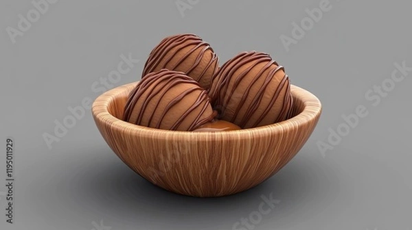Fototapeta Chocolate ice cream with caramel drizzle served in a wooden bowl, on a textured gray background.