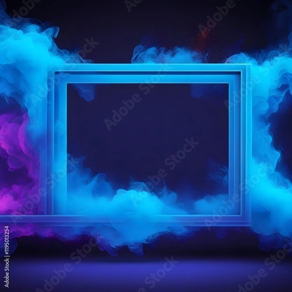 Obraz Abstract blue Neon light  3d Frame with Colorful Smoke Background