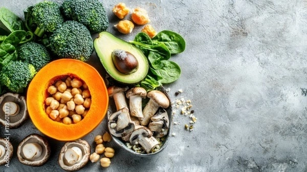 Obraz healthy vegan lunch bowl with Avocado, mushrooms, broccoli, spinach, chickpeas, pumpkin on a light background. vegetables salad. Top view.