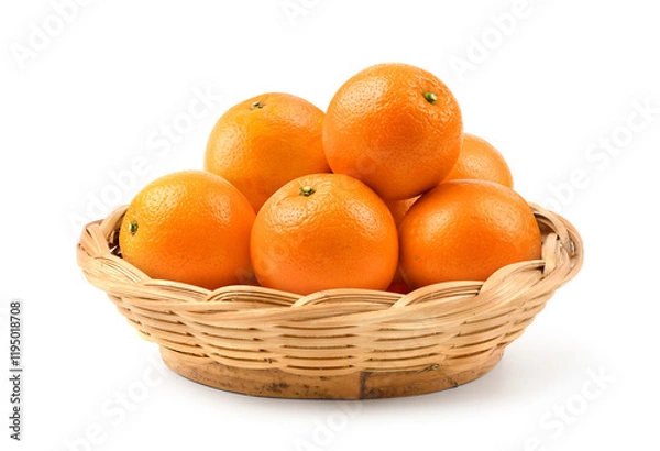 Obraz Fresh oranges in wicker basket isolated onwhite background.