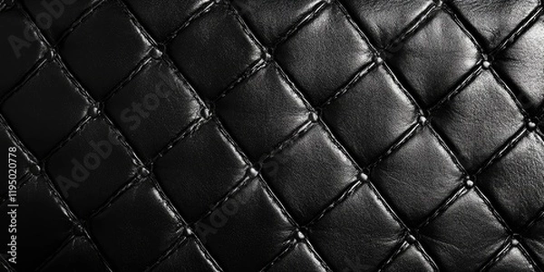 Obraz Glossy black leather texture with quilted pattern, highlighting diamond shapes and stitching details. Dark background with subtle sheen.