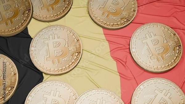 Obraz Several bitcoins are laid out on the flag of Belgium