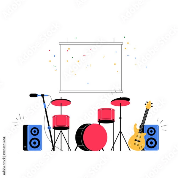 Fototapeta Drum Set With Cymbal And Microphone In Flat Vector Illustration Symbolizing Music, Rhythm, And Celebration, Isolated On White Background.