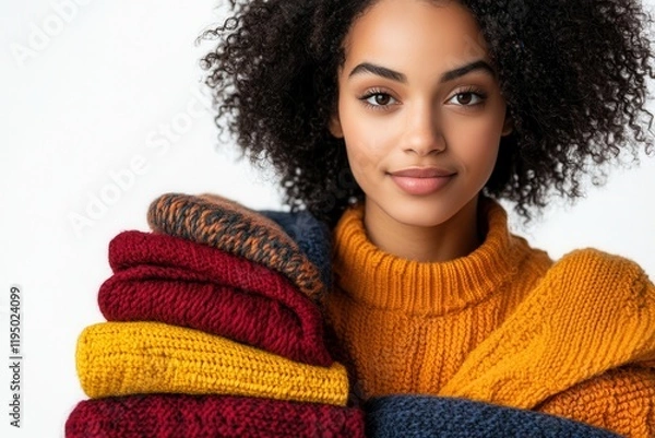 Obraz Woman Holding a Stack of Colorful Sustainable Fashion Sweaters Against a Light Background, Highlighting Eco-Friendly and Stylish Clothing Choices