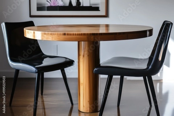 Fototapeta A compact dining table with a round wooden top, paired with sleek modern chairs in a small urban space
