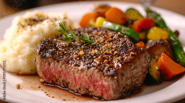 Fototapeta A garlic parmesan crusted steak served with a side of roasted vegetables and mashed potatoes.