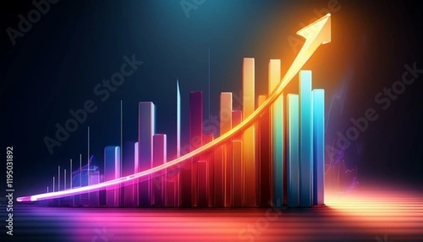 Obraz 3d bar graph with glowing upward arrow representing growth and success sleek design and vibrant colors convey sense of optimism and progress in data visualization