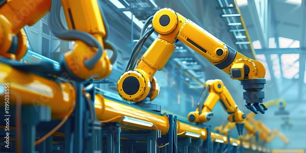 Fototapeta Multiple Yellow Industrial Robotic Arms on Assembly Line