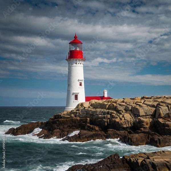 Fototapeta Scenic Lighthouse Photograph with Ocean Waves Crashing on a Rocky Coastline Under Stormy Skies