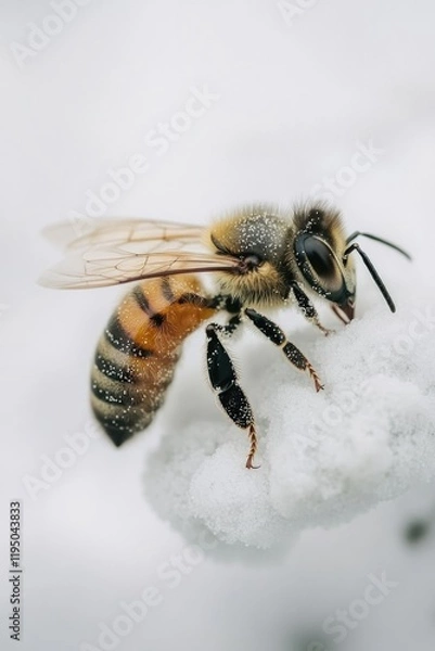 Fototapeta Delicate bee perched on soft white surface, showcasing intricate
