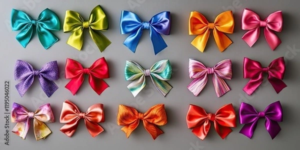 Fototapeta Colorful bows arranged in four rows on a neutral gray background showcasing shades of teal, purple, orange, pink, and green in various styles.