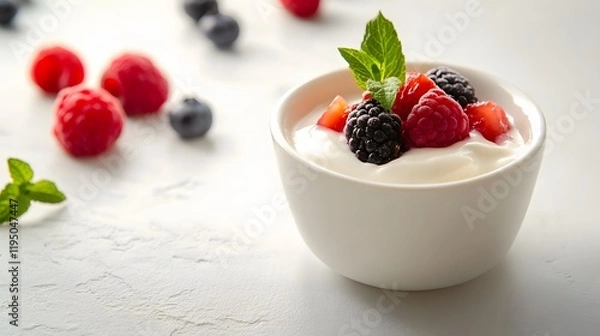Fototapeta Fresh and delicious yogurt with mixed berries and strawberries in a bowl