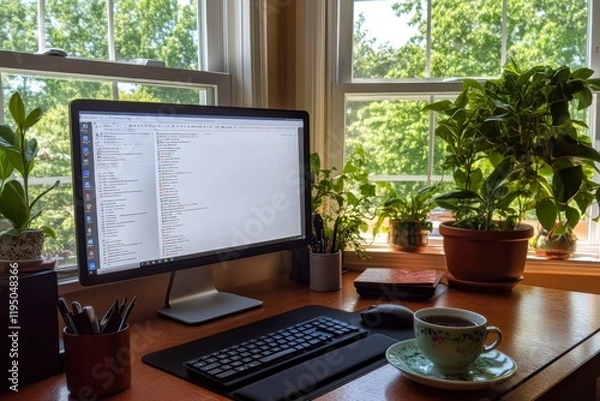 Fototapeta Home Office Workspace with Plants and a Cup of Coffee