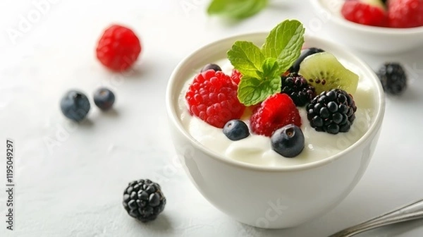 Obraz Fresh and delicious yogurt with mixed berries and strawberries in a bowl