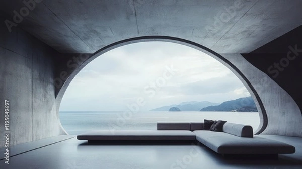 Fototapeta A modern concrete structure with a large arched window overlooking the ocean and mountains