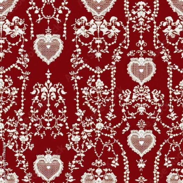 Fototapeta Elegant Chinese New Year Pattern Featuring Delicate White Lace with Heart Motifs on Rich Red Background, Perfect for Festive Celebrations and Seasonal Decor