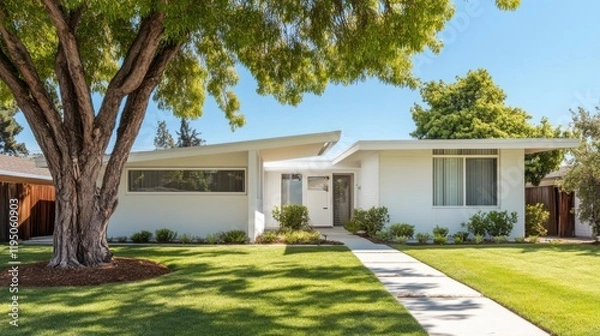 Fototapeta A contemporary single-story white house with a spacious side garden, shaded by a tree and featuring a cozy seating area.