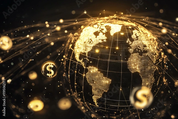 Fototapeta Futuristic digital globe with glowing network and currency connections