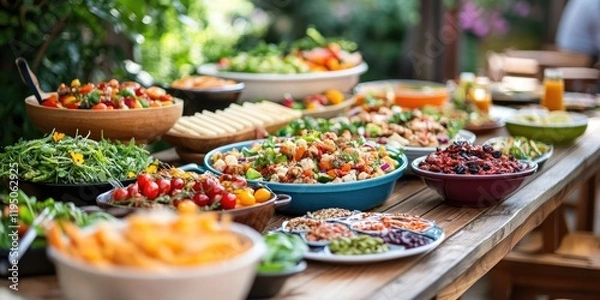 Fototapeta Vibrant summer buffet featuring multicolored dishes on a wooden table with salads fruit platters and festive bright greenery in the background