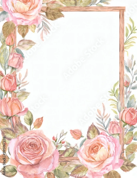 Obraz Elegant watercolor pink roses frame. Vintage botanical border design for card, invitation, scrapbook, junk journal, ephemera, and crafting DIY.
