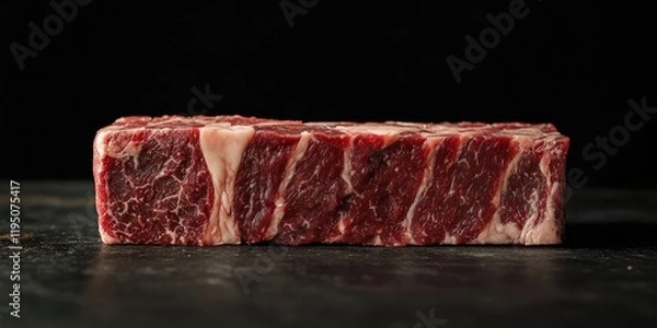 Fototapeta Close-up of a raw dry aged wagyu porterhouse beef block with marbled red and white textures on a dark surface against a black background