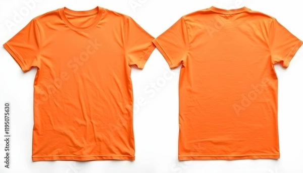 Obraz orange t-shirts, plain, folded, cotton, casual wear, minimalist, simple design, product photography, white background, soft lighting, front and back view