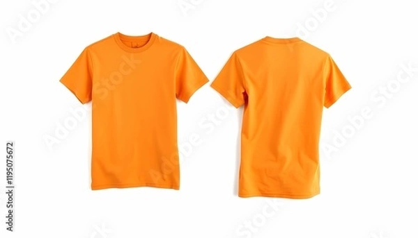 Obraz orange t-shirts, plain, folded, cotton, casual wear, minimalist, clean, simple design, product photography, white background, soft lighting, front and back view, generative ai