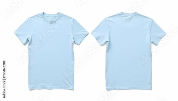 Obraz light blue t-shirts, plain, folded, cotton, casual wear, minimalist, clean, simple design, product photography, white background, soft lighting, front and back view