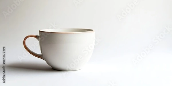 Fototapeta Empty white ceramic cup with a brown rim positioned on the right against a soft white gradient background creating a minimalist aesthetic.