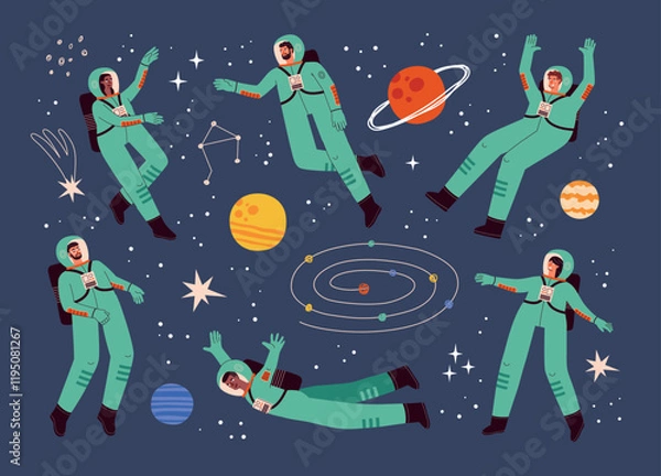 Obraz Cartoon astronauts floating in zero gravity. People in spacesuits flying in space, funny cosmos explorers, stars and planets, vector set