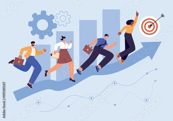 Obraz Cartoon business team run. Office people in formal suits, moving towards goal, competitive work, successful startup, vector illustration