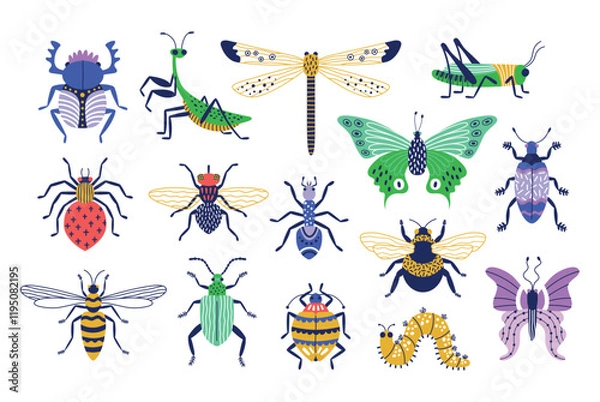 Obraz Cute colored bugs. Decorative trendy insects, funny little garden inhabitants, butterflies, beetles, caterpillars and mantises, vector set