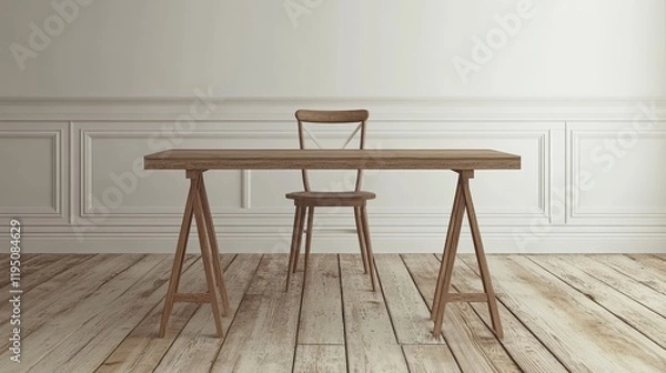 Fototapeta Wooden desk and chair simple efficient workspace for home or office