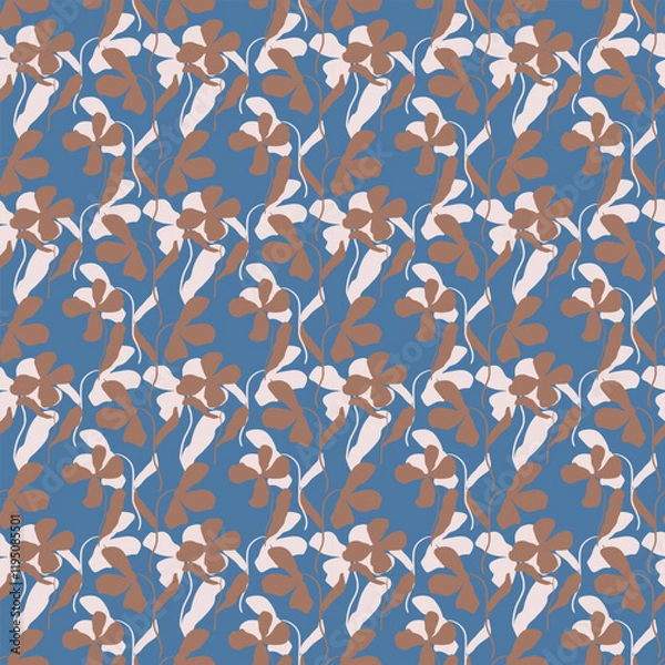 Fototapeta Trendy seamless pattern with brown and beige silhouettes of flowers on a blue background.Endless vector floral ornament for fabric, wrapping paper, wallpaper and other materials.