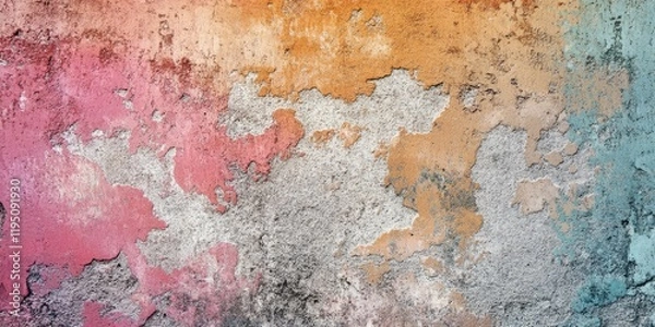 Fototapeta Abstract grunge wall texture featuring a blend of pink, orange, and teal hues with rough, weathered patches predominantly on the left side.