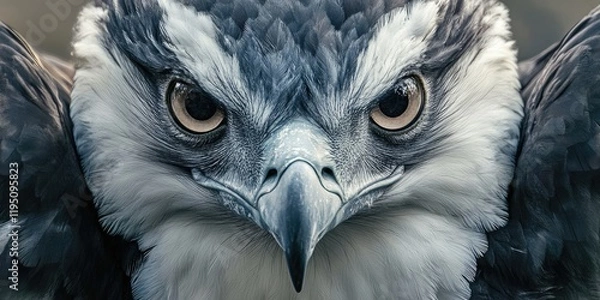 Fototapeta Close up portrait of a fierce harpy eagle with sharp gaze and detailed feathers, set against a soft blurred background in earthy tones.