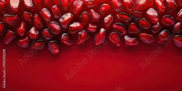 Fototapeta Fresh pomegranate seeds arranged atop a rich red background, highlighting their glossy texture and deep ruby color with ample empty space below
