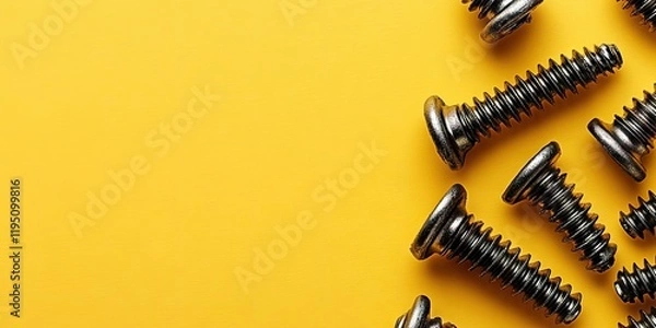 Obraz Closeup of metallic wood screws on vibrant yellow background arranged to the right with ample copy space on the left for advertising text