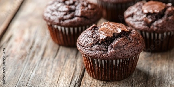 Fototapeta Dark chocolate muffins arranged on a wooden table with soft natural lighting showcasing rich brown colors and inviting textures with ample copy space