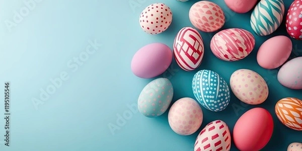 Fototapeta Decorative Easter eggs in various colors arranged on a soft blue background from a top-down view with ample copy space on the left side