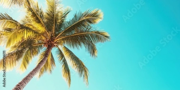 Fototapeta Coconut tree leaning towards a clear blue sky with vibrant green leaves creating a warm summer vibe in the upper left corner and bright turquoise background.