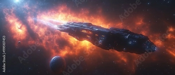 Fototapeta Spaceship flying through nebula. (1)