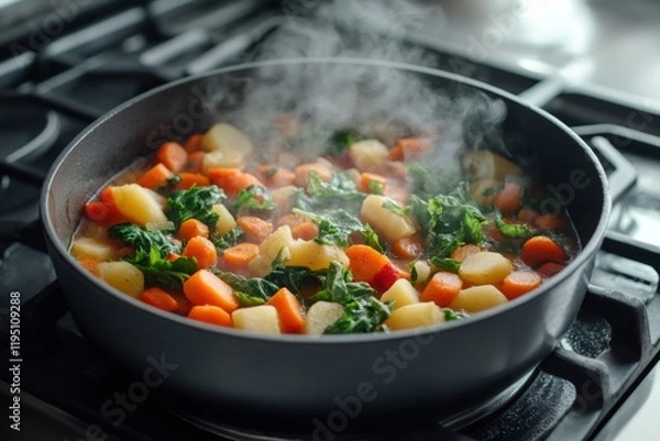 Fototapeta Steaming hot vegetable stew simmering on stove top