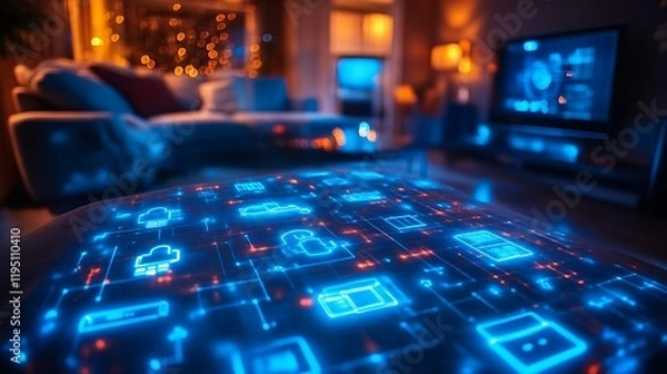 Obraz Smart home technology interface on coffee table.